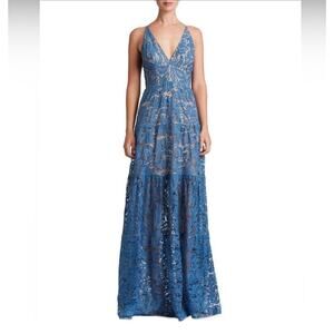 Dress The Population Melina Maxi Dress Women’s Small Lace Tiered V-neck Blue